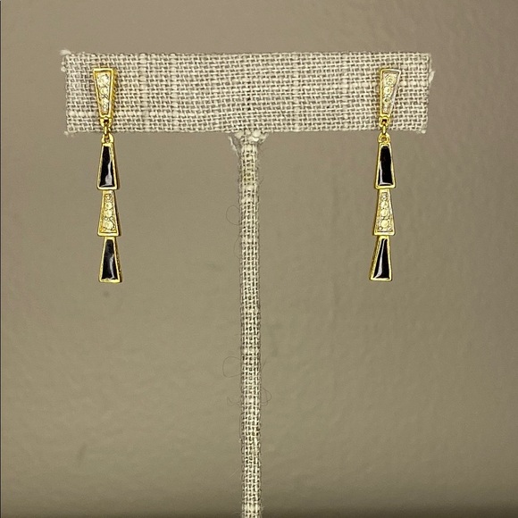 VTG Nina Ricci Goldtone Metal, Black Lacquer, and Rhinestones Dangle Earrings - Picture 1 of 6